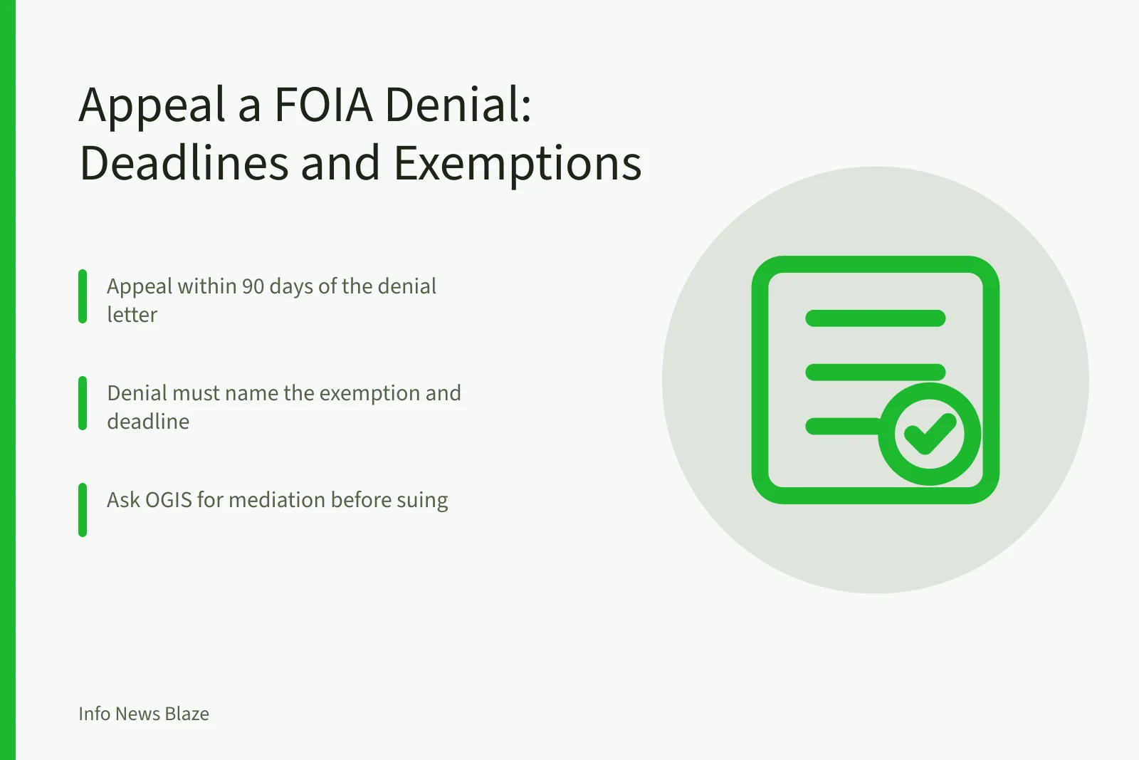 FOIA appeal card with 90-day deadline, exemption citation, and OGIS mediation steps. How to Appeal a FOIA Denial: Deadlines, Exemptions, and Agency Contacts