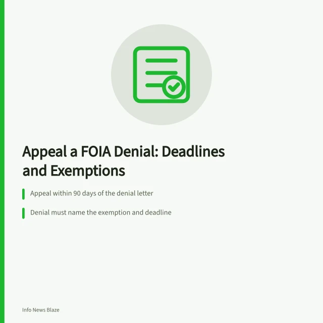 FOIA appeal card with 90-day deadline, exemption citation, and OGIS mediation steps. How to Appeal a FOIA Denial: Deadlines, Exemptions, and Agency Contacts