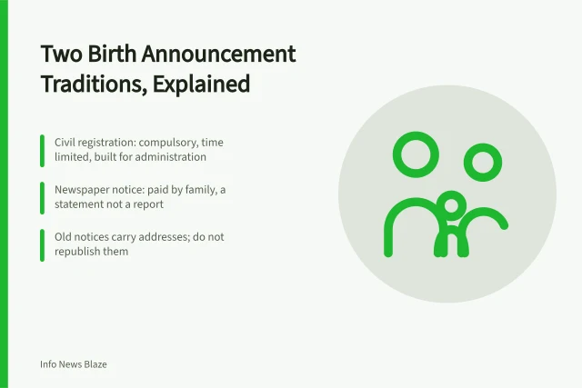 Card comparing civil birth registration records with paid newspaper birth notices. Birth announcements trace back to two separate traditions, registration and advertising