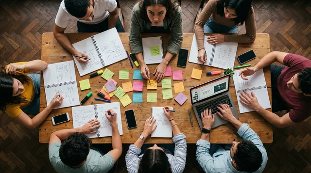 eam, workshop, office, collaboration, sticky notes, planning, strategy, brainstorming, table, overhead, people, working, laptop, notebooks, creativity, business, meeting, together, analysis, group, ai generated. How to build an explanatory package without repeating one article nine times