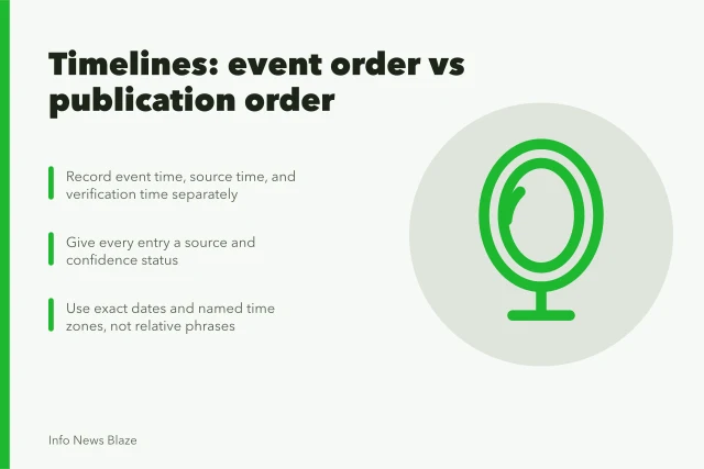 Card outlining steps for building a controlled news timeline record. News timelines: separating event order from publication order