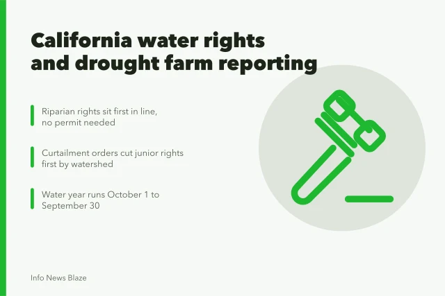 Card explaining California water rights ranking and drought curtailment rules. 7 ways California water rights shape drought reporting on farms