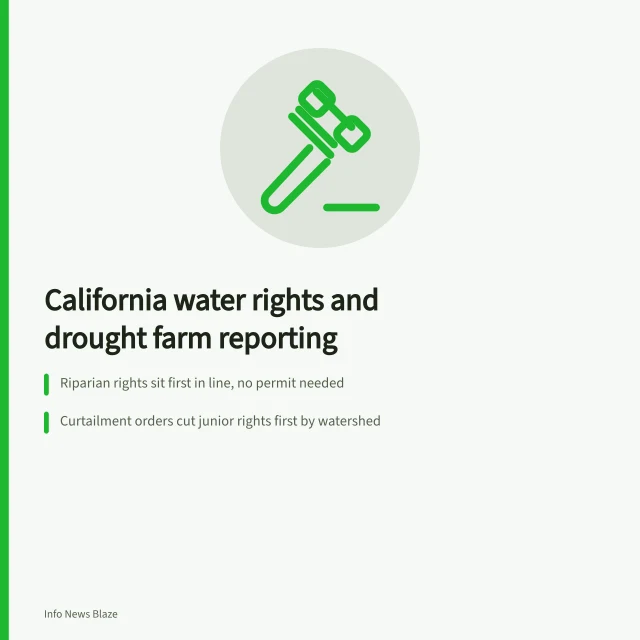 Card explaining California water rights ranking and drought curtailment rules. 7 ways California water rights shape drought reporting on farms