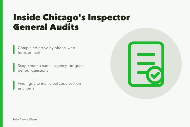 Card summarizing Chicago inspector general audit steps and municipal code findings. How Chicago's inspector general audits city agencies and what the reports show