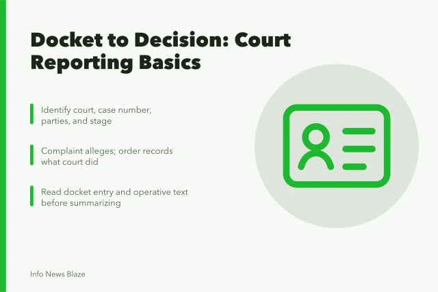 Court reporting guide card on docket entries, parties, and rulings. A court reporting guide should separate the docket from the story