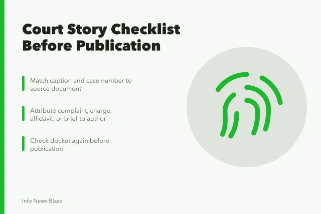 Checklist card for verifying court story identity, allegations, and docket status. Court story checklist: privacy, procedure, and the final status line