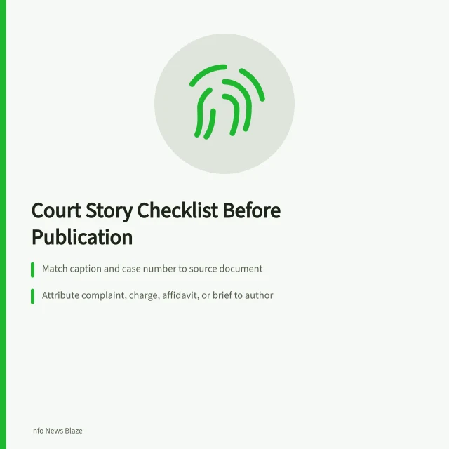 Checklist card for verifying court story identity, allegations, and docket status. Court story checklist: privacy, procedure, and the final status line