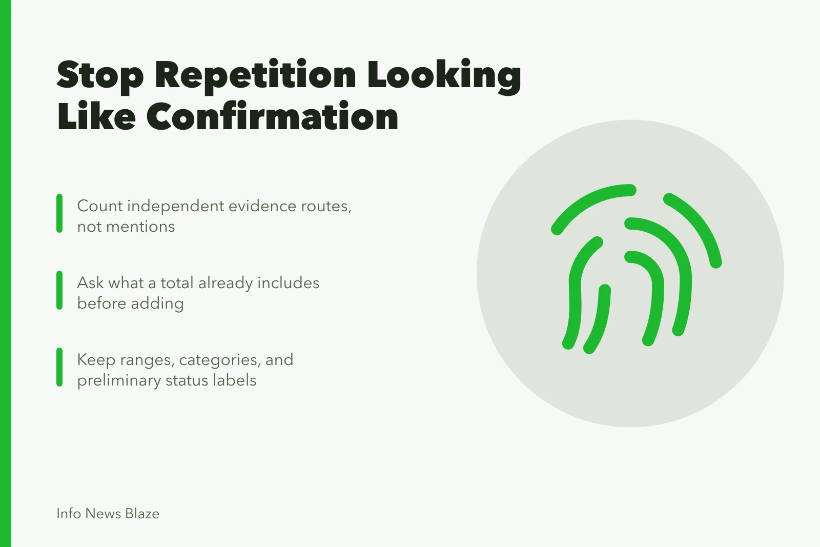 Card about tracing sources, avoiding double counts, and keeping ranges. Why repetition during a crisis can look like confirmation