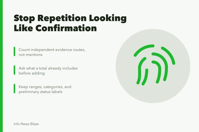 Card about tracing sources, avoiding double counts, and keeping ranges. Why repetition during a crisis can look like confirmation