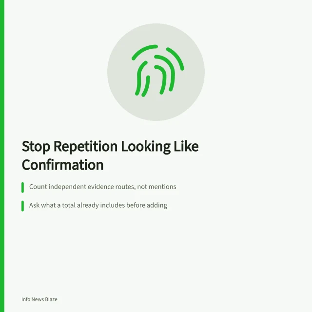 Card about tracing sources, avoiding double counts, and keeping ranges. Why repetition during a crisis can look like confirmation