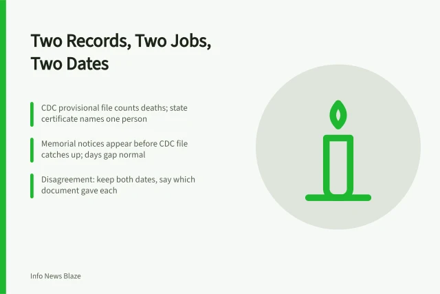 Card comparing CDC mortality data with local memorial notices and dates. Deaths today in one sourced place, 2027 edition: how CDC data meets local memorial notices