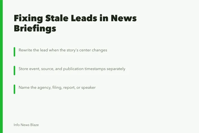 Card explaining fixes for stale leads, attribution fog, and time collapse in news briefings. Is a stale lead the first sign of a broken news briefing?