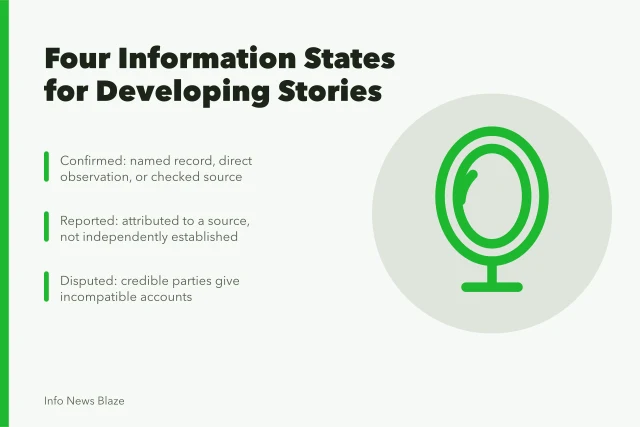 Card listing four information states for developing news coverage. A developing story needs four separate information states, not one