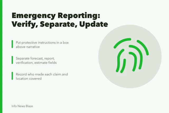Card outlining emergency reporting steps: action box, four information states, claim tracking. Disaster, emergency, and conflict reporting: a practical guide for 2027