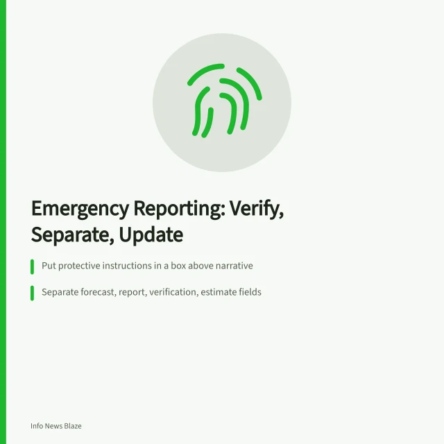 Card outlining emergency reporting steps: action box, four information states, claim tracking. Disaster, emergency, and conflict reporting: a practical guide for 2027