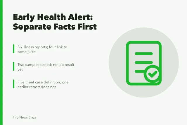 Card summarizing early health alert reporting steps and counts. What a health alert can say before the case count is confirmed