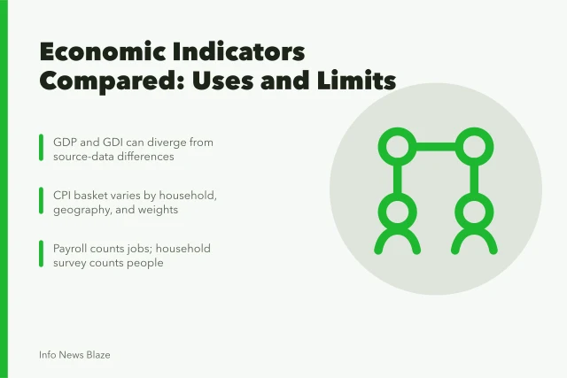Comparison of economic indicators: GDP, GDI, CPI, payroll employment, household survey. Economic indicators compared, from jobs numbers to market prices