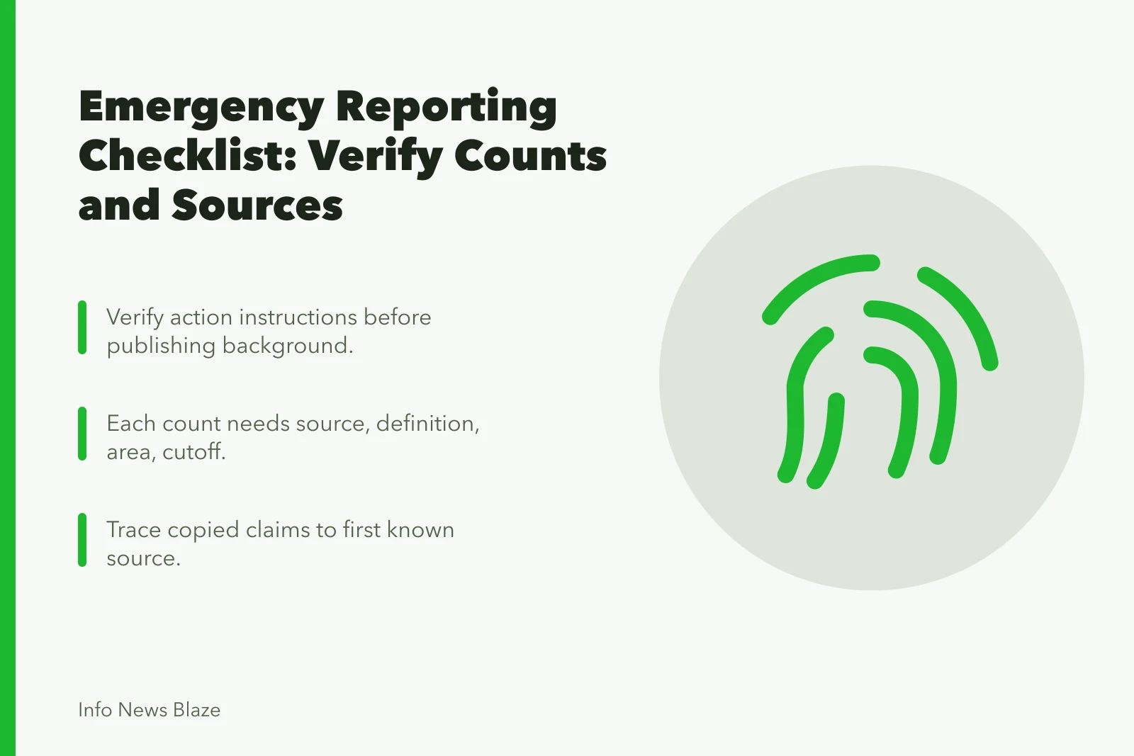 Checklist for emergency reporting: verify instructions, counts, sources, and corrections. Emergency reporting checklist: casualty figures and the live log
