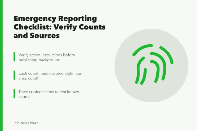 Checklist for emergency reporting: verify instructions, counts, sources, and corrections. Emergency reporting checklist: casualty figures and the live log