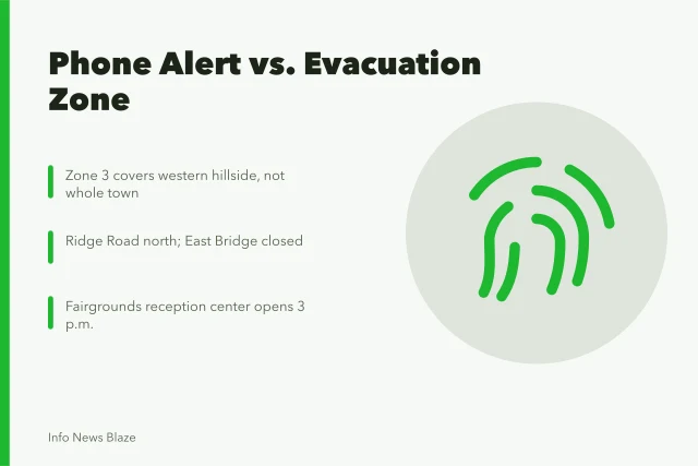 Evacuation alert correction card with zone, route, and shelter details. Should a phone alert travel farther than the evacuation zone itself?