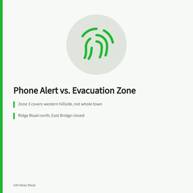 Evacuation alert correction card with zone, route, and shelter details. Should a phone alert travel farther than the evacuation zone itself?