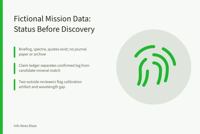 Card summarizing a fictional planetary data announcement and its claim checks. Case study: a fictional planetary data announcement