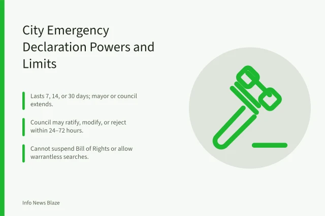 Card summarizing city emergency declaration powers, duration, and council oversight. How a City Emergency Declaration Works: Powers, Duration, and Oversight