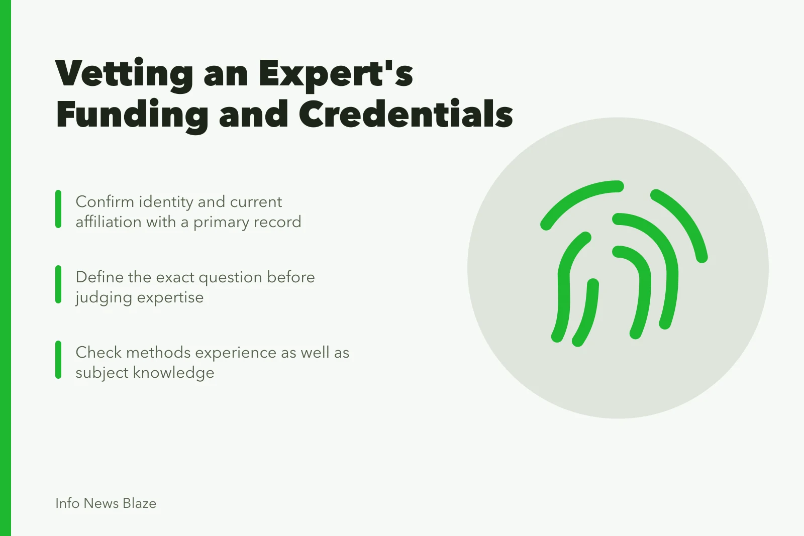 Checklist for verifying an expert's identity, role, and funding. How to check an expert's funding before quoting their opinion