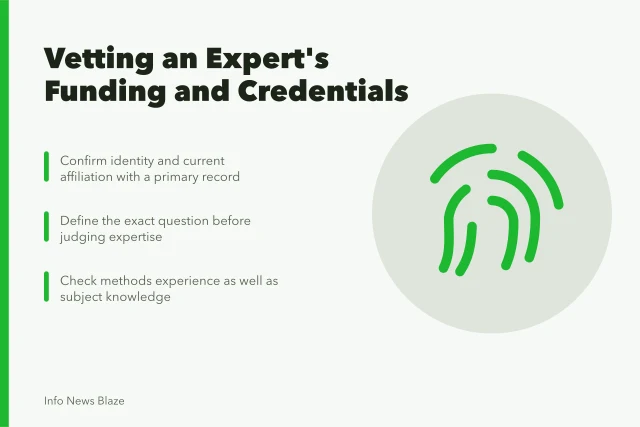Checklist for verifying an expert's identity, role, and funding. How to check an expert's funding before quoting their opinion