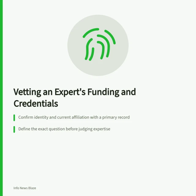 Checklist for verifying an expert's identity, role, and funding. How to check an expert's funding before quoting their opinion