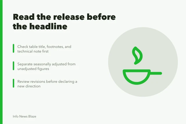 Card summarizing steps to read economic releases before writing headlines. How to read an economic release before publishing a headline as of 2027