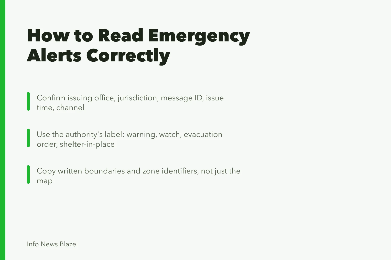 Card explaining how to verify emergency alert authority, message type, and boundaries. An emergency alert map means nothing without the issuing authority