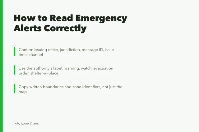 Card explaining how to verify emergency alert authority, message type, and boundaries. An emergency alert map means nothing without the issuing authority