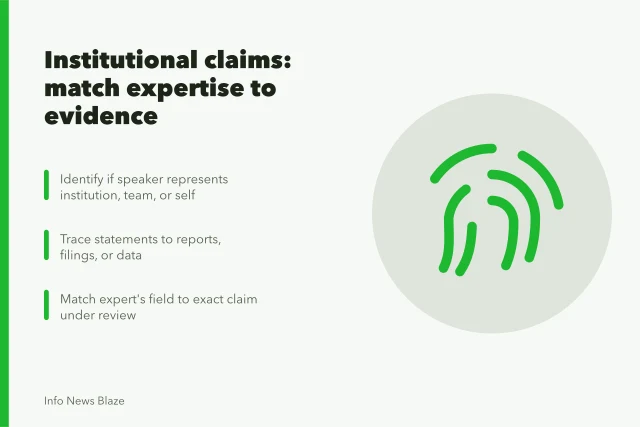 Checklist for verifying institutional claims, sources, and expert credentials. Institutional claims guide: matching expertise to the actual claim