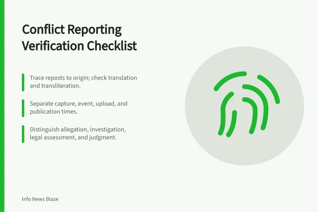 Checklist for verifying conflict reporting attribution, timing, and legal labels. International conflict reporting checklist