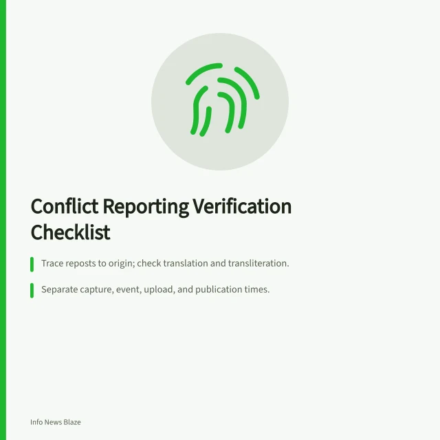 Checklist for verifying conflict reporting attribution, timing, and legal labels. International conflict reporting checklist