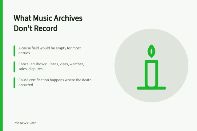 Archive boxes and a cancelled tour date, not medical records. What is recorded about causes of death for musicians