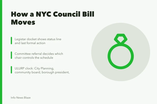 Card explaining NYC Council bill steps from Legistar to ULURP review. Reading a New York City council bill before the vote happens