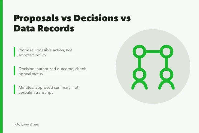 Comparison of proposal, decision, and meeting record types. Proposals vs decisions vs data releases, official records compared plainly