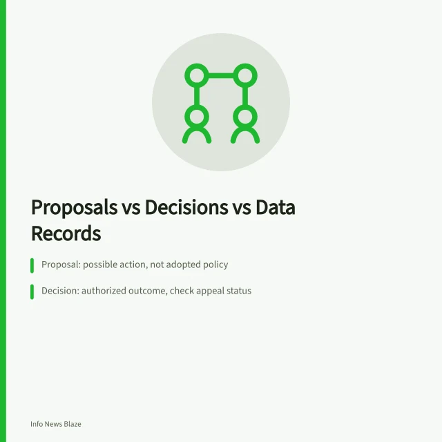 Comparison of proposal, decision, and meeting record types. Proposals vs decisions vs data releases, official records compared plainly