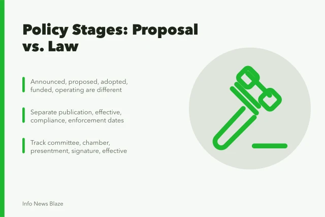 Card on policy reporting stages, dates, and funding claims. Policy reporting problems: when a proposal quietly becomes law