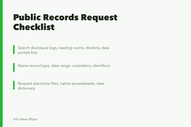 Checklist for public records requests: scope, format, fees, and appeal timing. Public records request checklist: scope, format, and appeal timing
