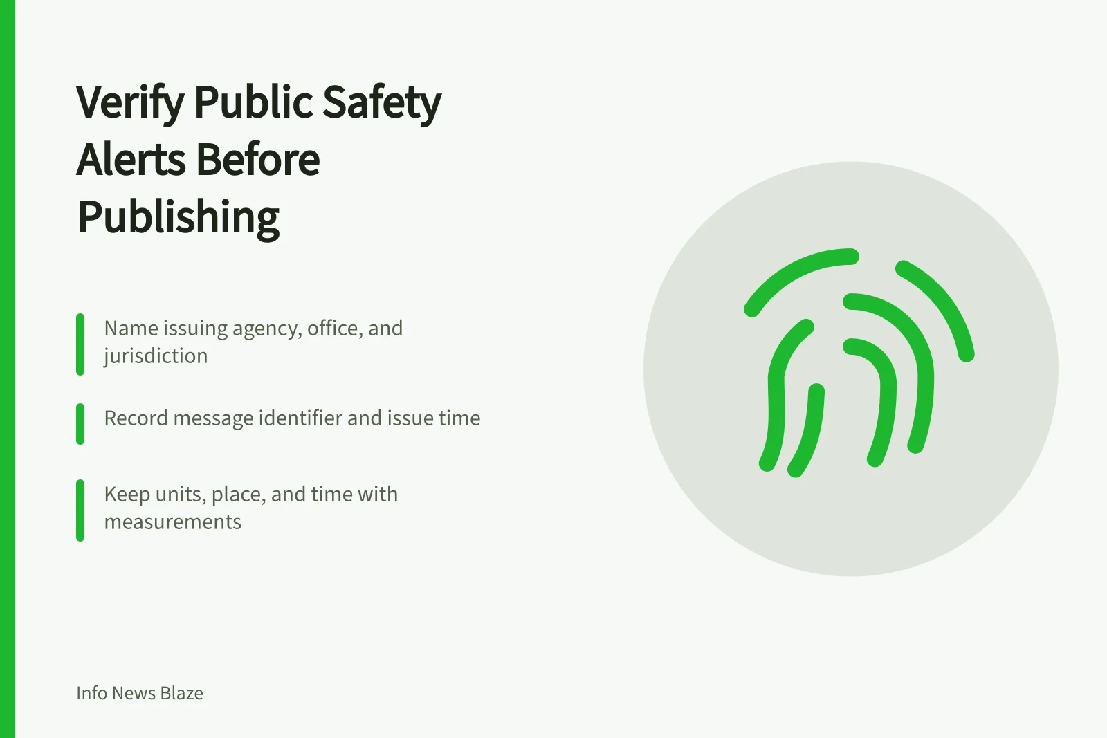 Checklist card for verifying public safety alerts before publishing. Public safety alert reporting checklist: what to confirm before publishing