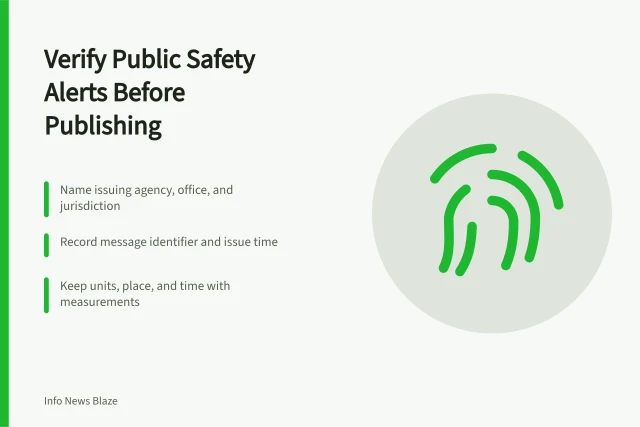 Checklist card for verifying public safety alerts before publishing. Public safety alert reporting checklist: what to confirm before publishing