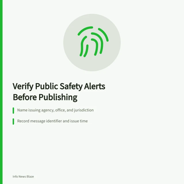 Checklist card for verifying public safety alerts before publishing. Public safety alert reporting checklist: what to confirm before publishing
