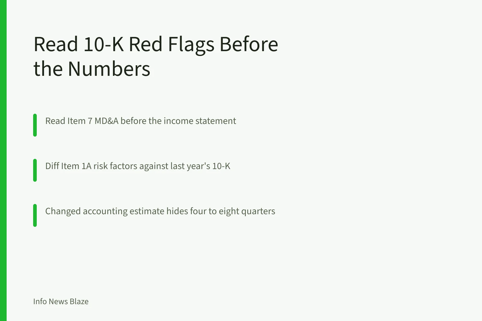 Card on spotting 10-K red flags in risk factors, MD&A and footnotes. How to Read a 10-K Annual Report for Red Flags: Risk Factors, MD&A, and Footnotes