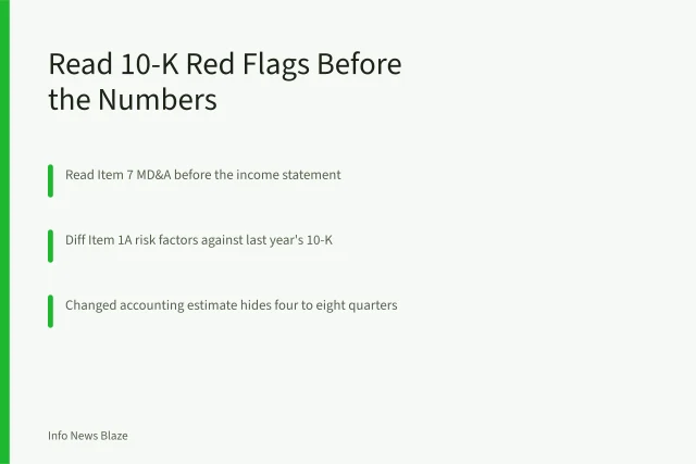 Card on spotting 10-K red flags in risk factors, MD&A and footnotes. How to Read a 10-K Annual Report for Red Flags: Risk Factors, MD&A, and Footnotes