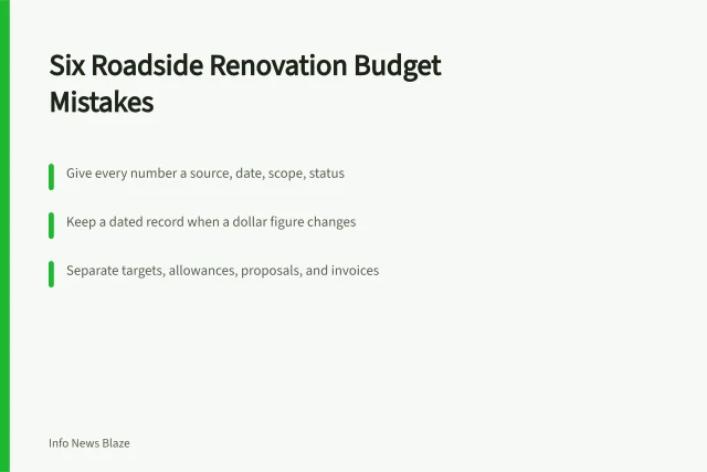 Card listing six roadside renovation budget mistakes and record-keeping fixes. Before you publish roadside renovation budget notes, fix these six mistakes
