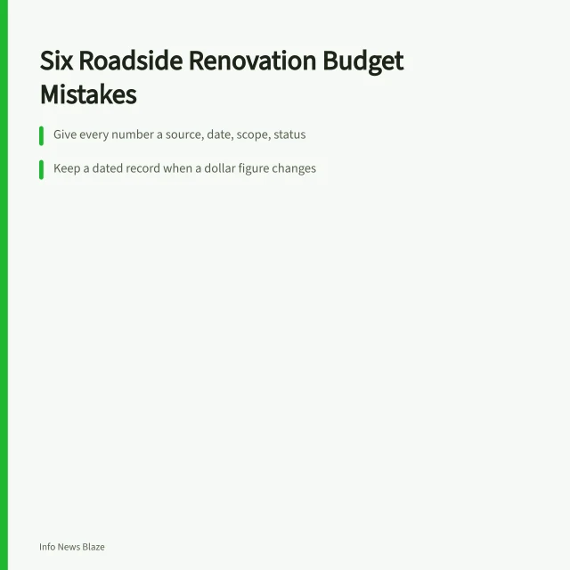 Card listing six roadside renovation budget mistakes and record-keeping fixes. Before you publish roadside renovation budget notes, fix these six mistakes
