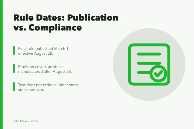 Card comparing final rule publication, effective date, and manufacturing coverage dates. Was the compliance date ever the date that actually mattered?